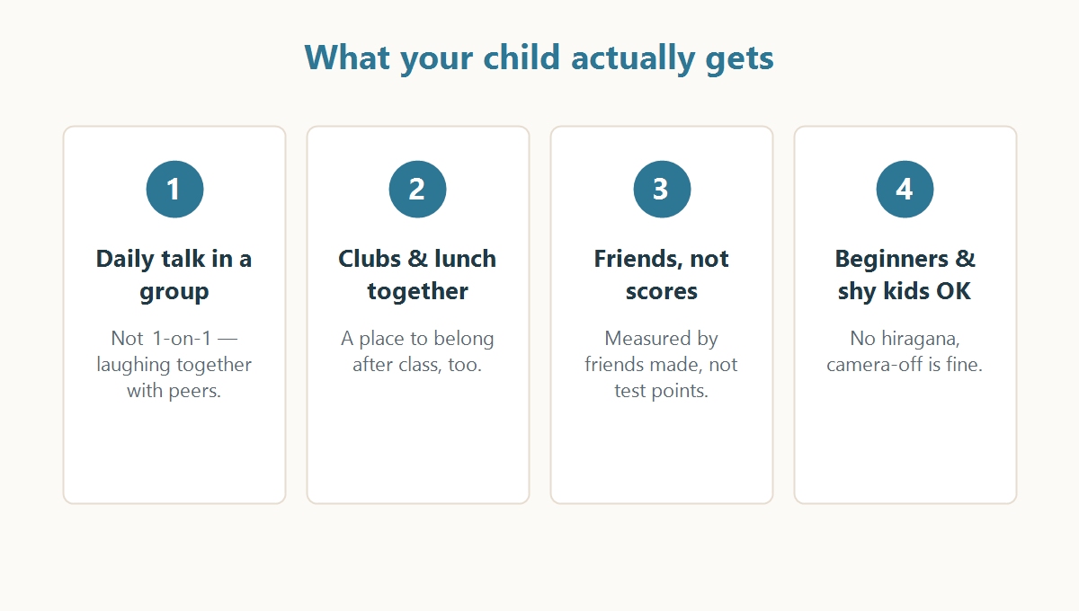 What your child gets at TOMODACHI JAPAN: daily group talk, clubs and lunch, friends not scores, beginners welcome