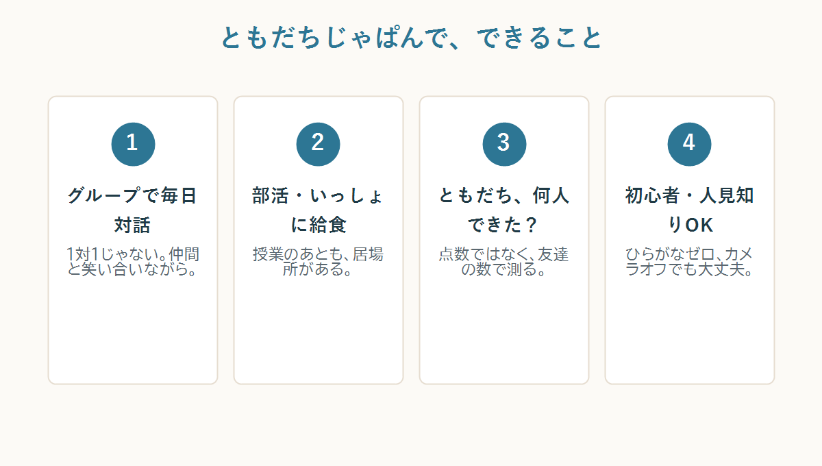 ともだちじゃぱんでできること:グループで毎日対話・部活と給食・ともだち何人・初心者人見知りOK