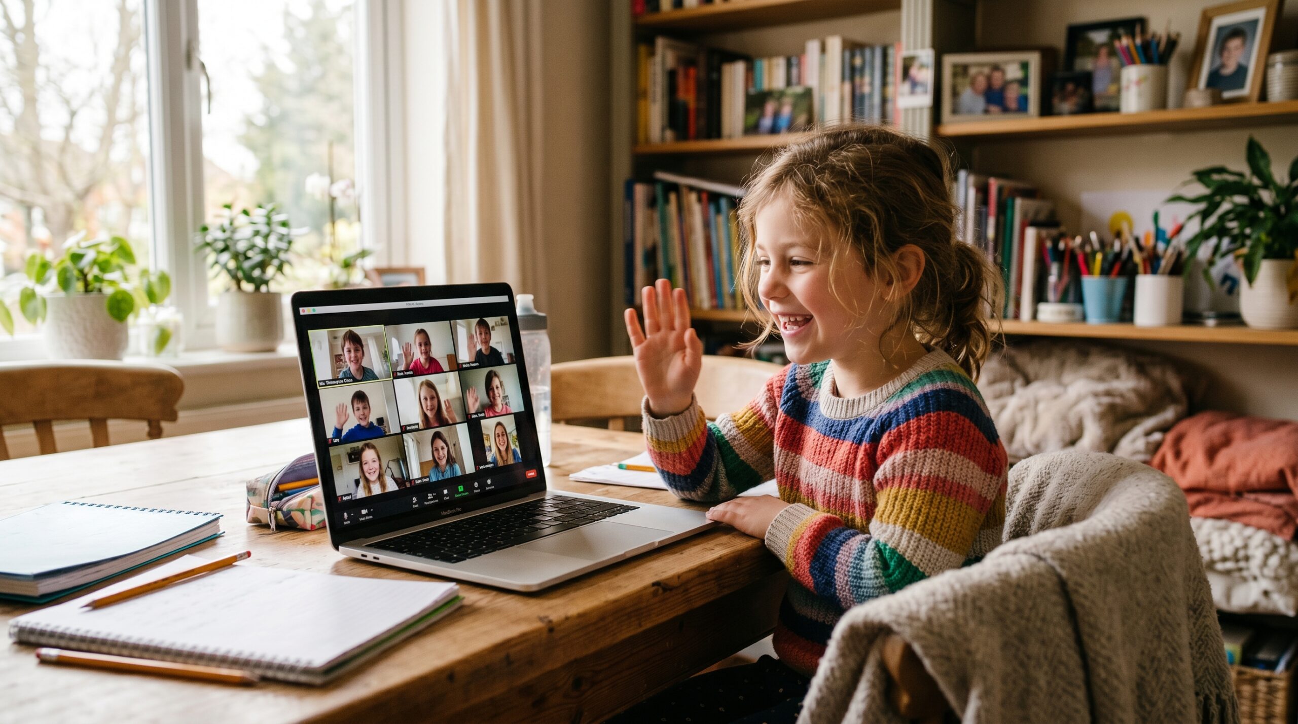 A child smiling and waving during an online group Japanese lesson