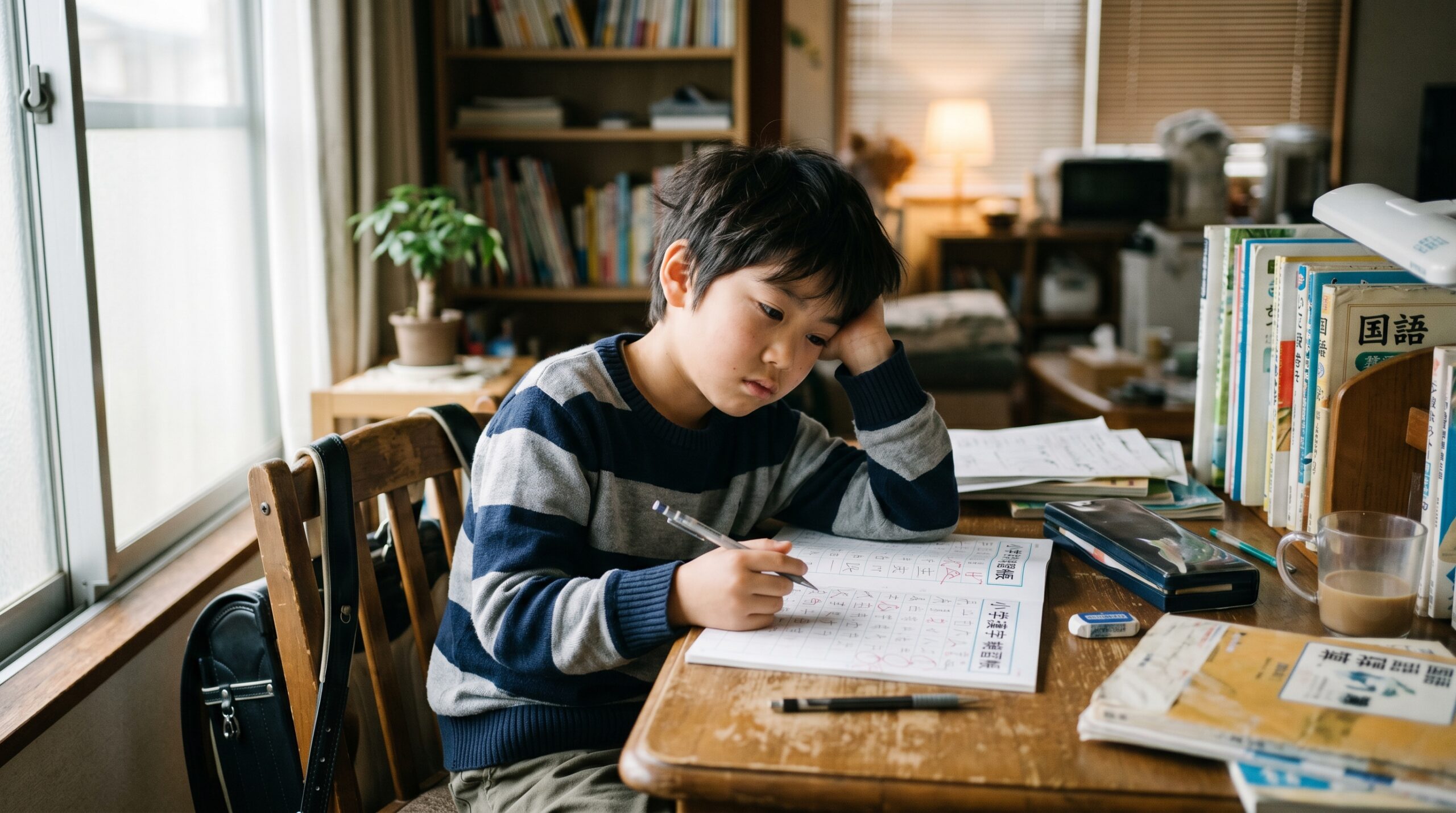 A child studying a Japanese kanji workbook alone at a desk
