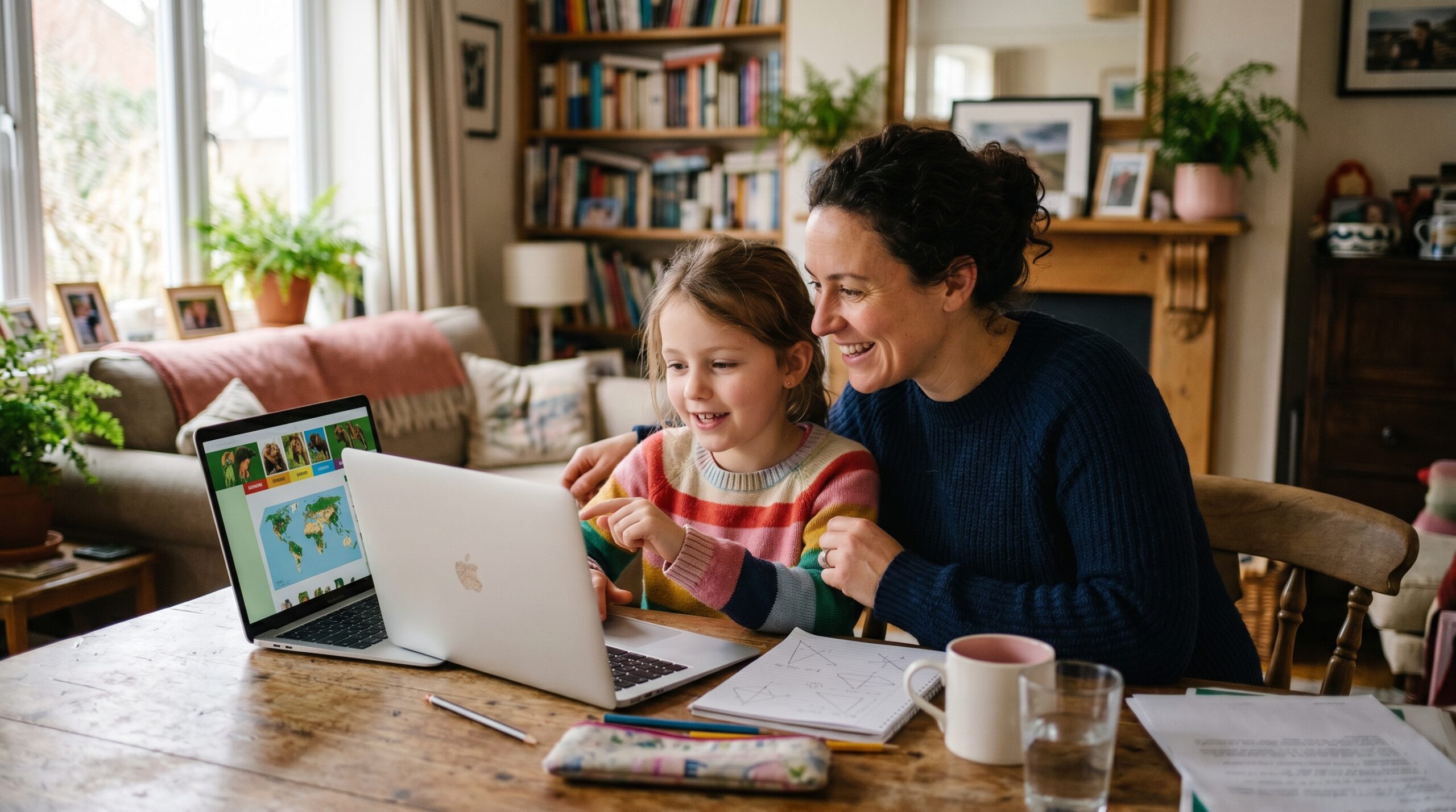 A parent and child looking at a laptop together to choose Japanese lessons for kids