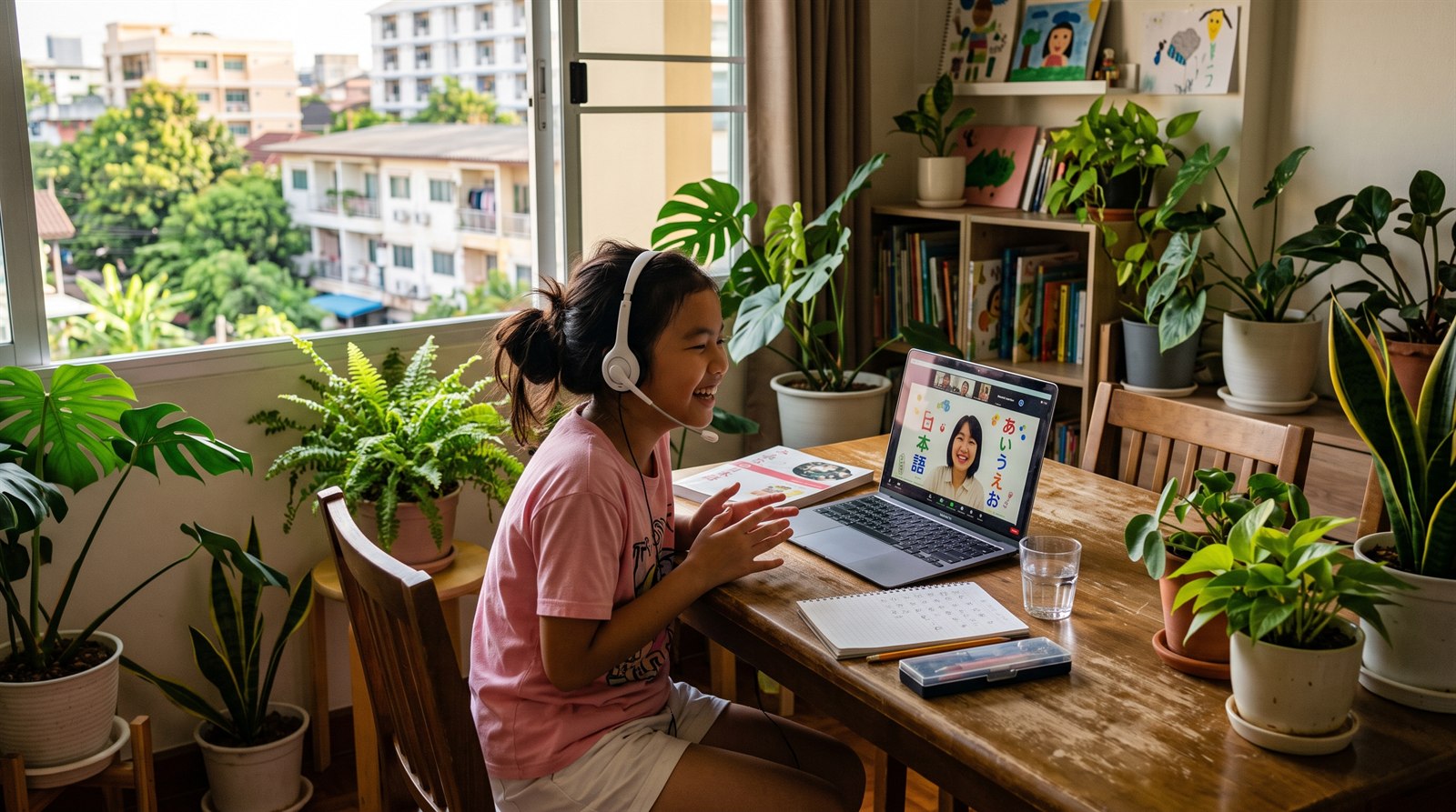A child in Bangkok joining an online Japanese lesson from home after school