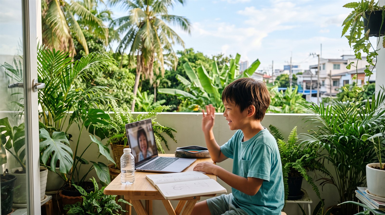 A child in Bangkok smiling and talking with friends in Japan on screen