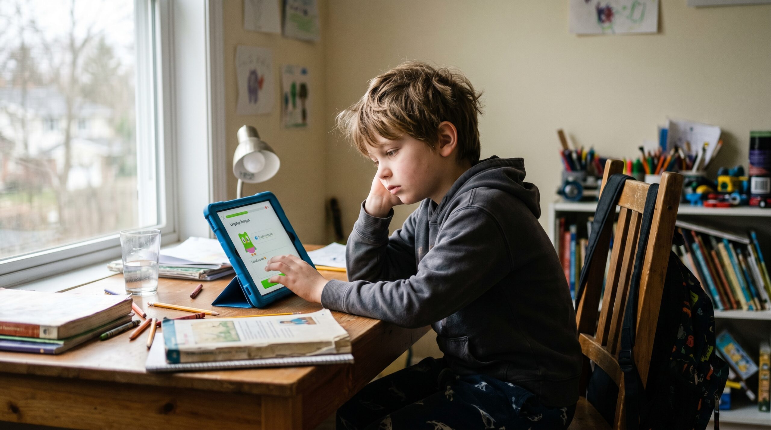 A child looking bored and unmotivated using a language app alone