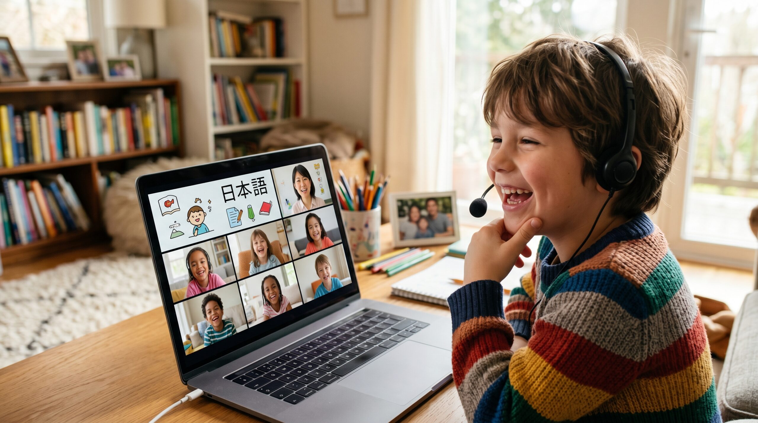 A child smiling and chatting during an online group Japanese lesson