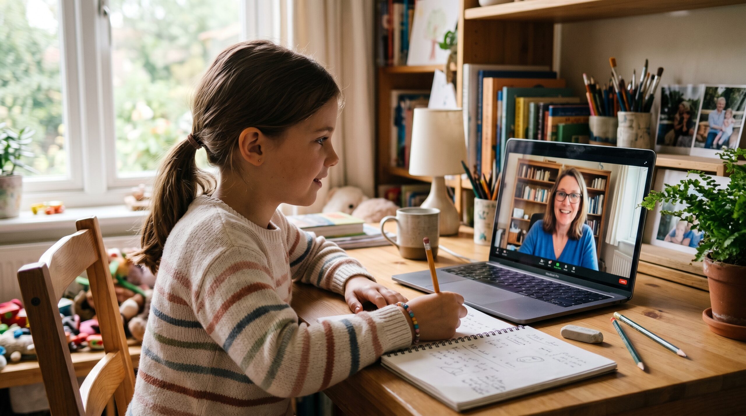 A child in a one-on-one online Japanese lesson with an adult teacher on the laptop