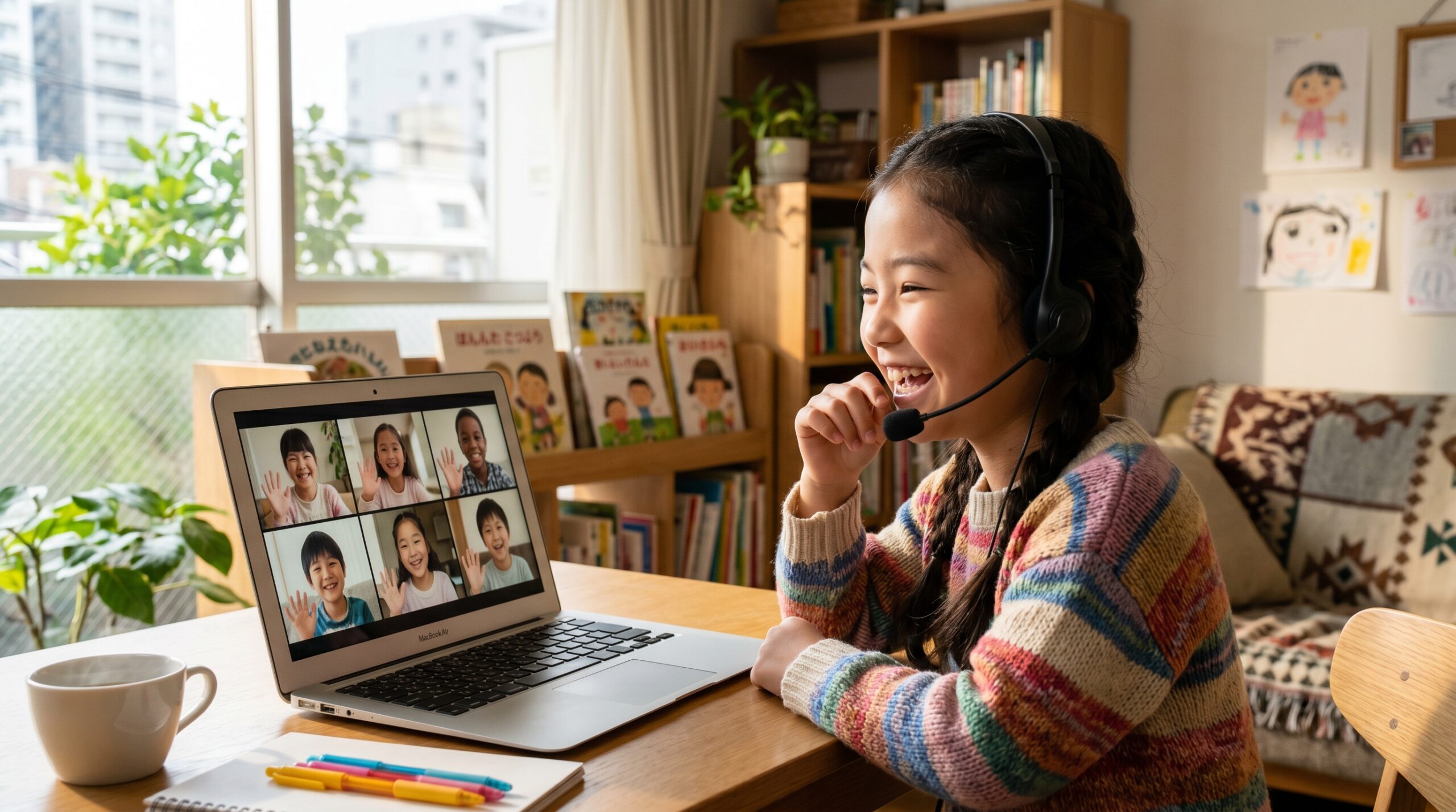 A child smiling and chatting with friends during an online group Japanese lesson