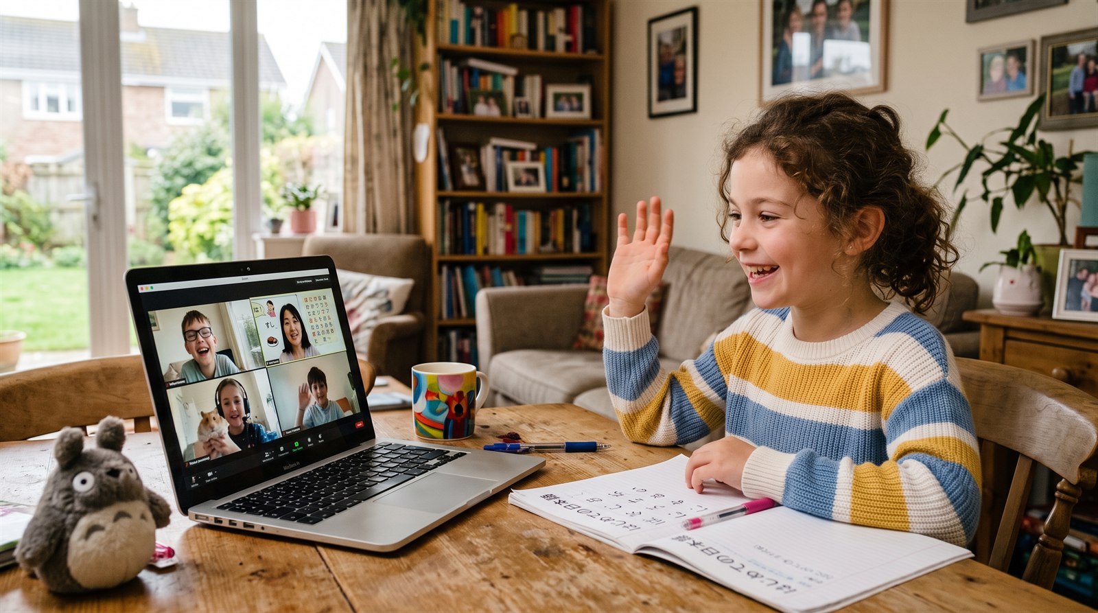 Children smiling and chatting with same-age friends in an online group Japanese lesson