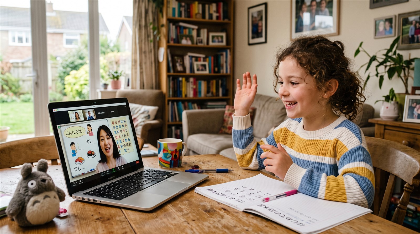 A child happily taking an online Japanese lesson on a laptop at home