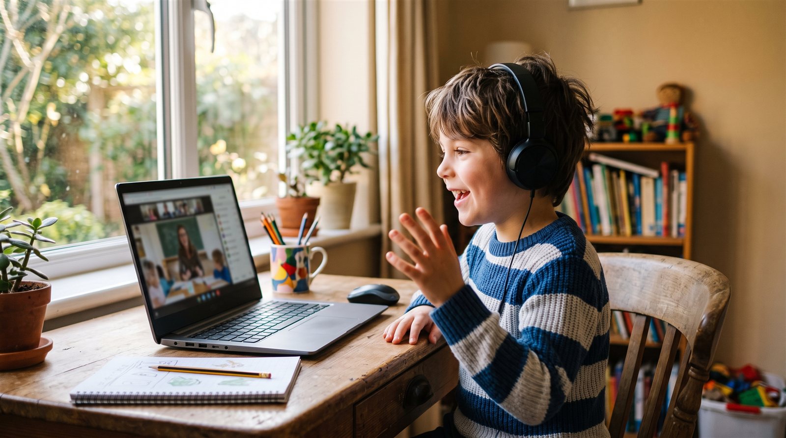 A child happily speaking Japanese to the screen during an online lesson at home