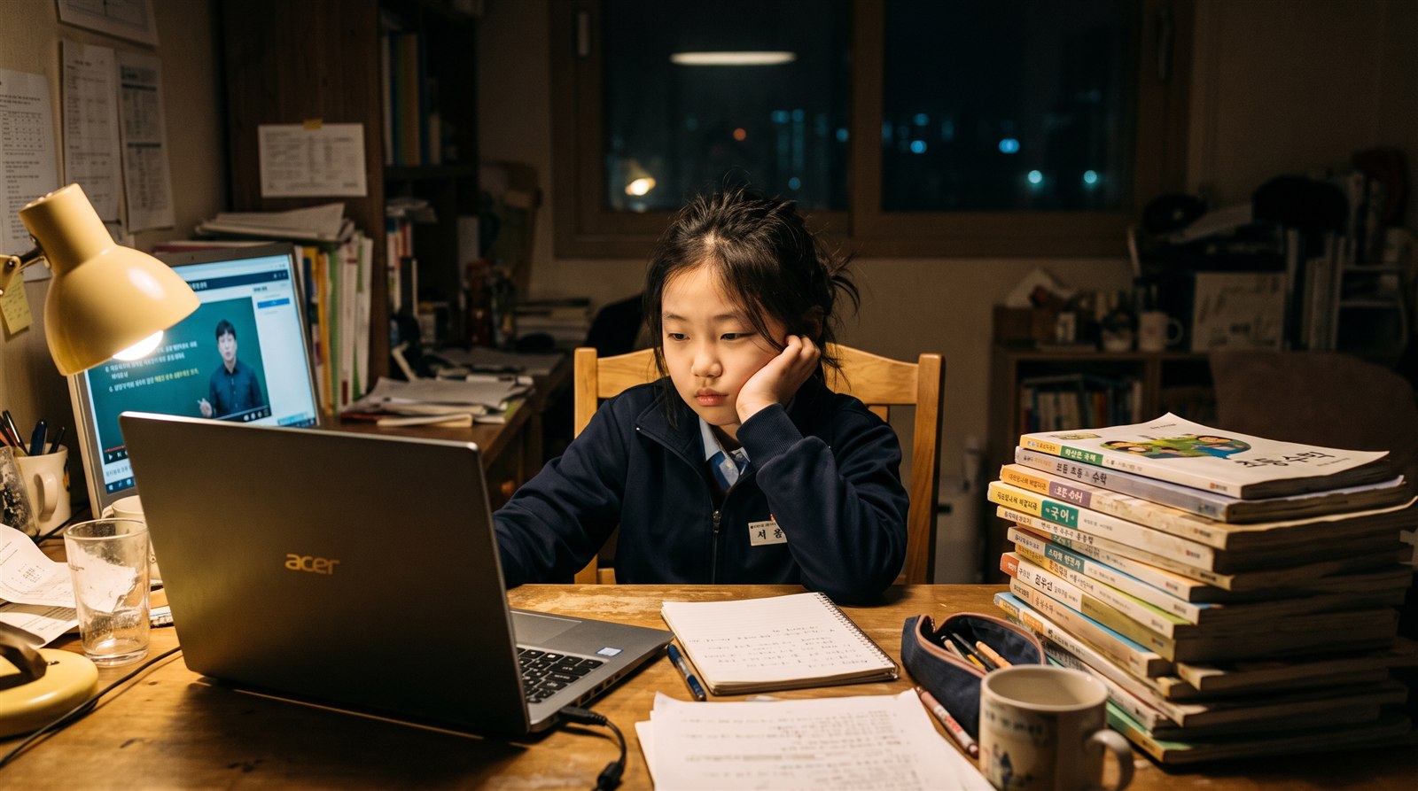 혼자 노트북으로 녹화 일본어 인강을 보며 지루해하는 한국 어린이