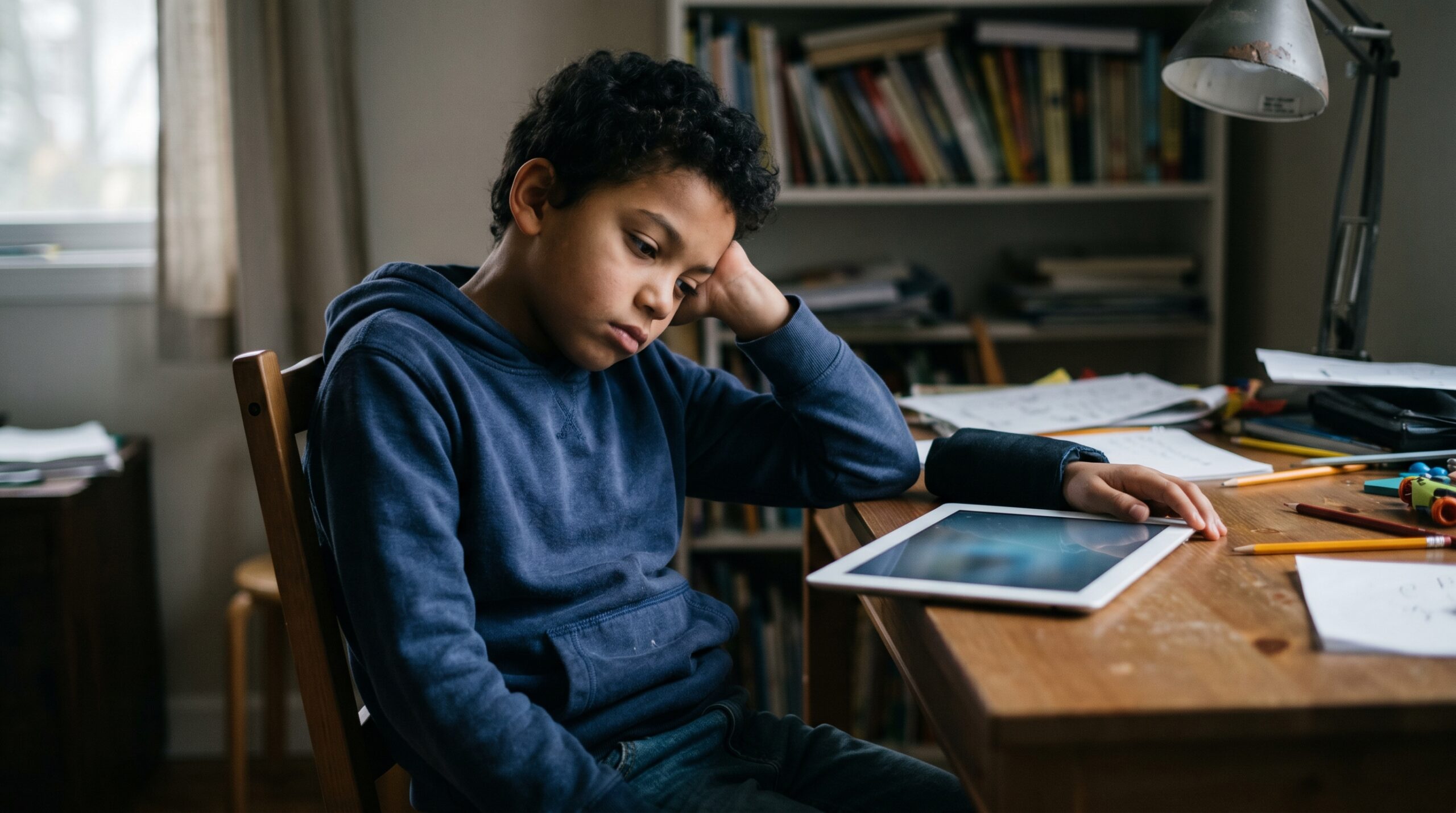 A child sitting alone, bored and disengaged with a tablet app, because there is no one on the other side of the screen