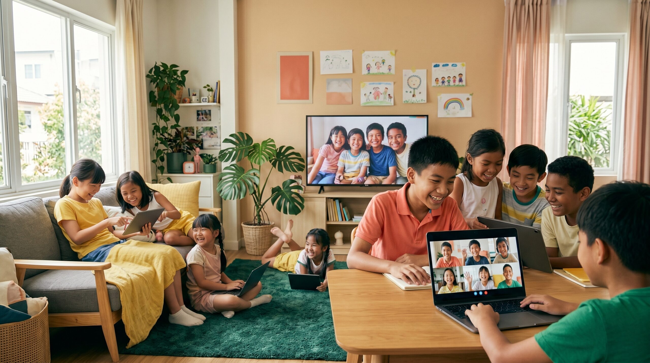 Several happy children learning together in a lively group, laughing and engaged — because friends keep kids coming back