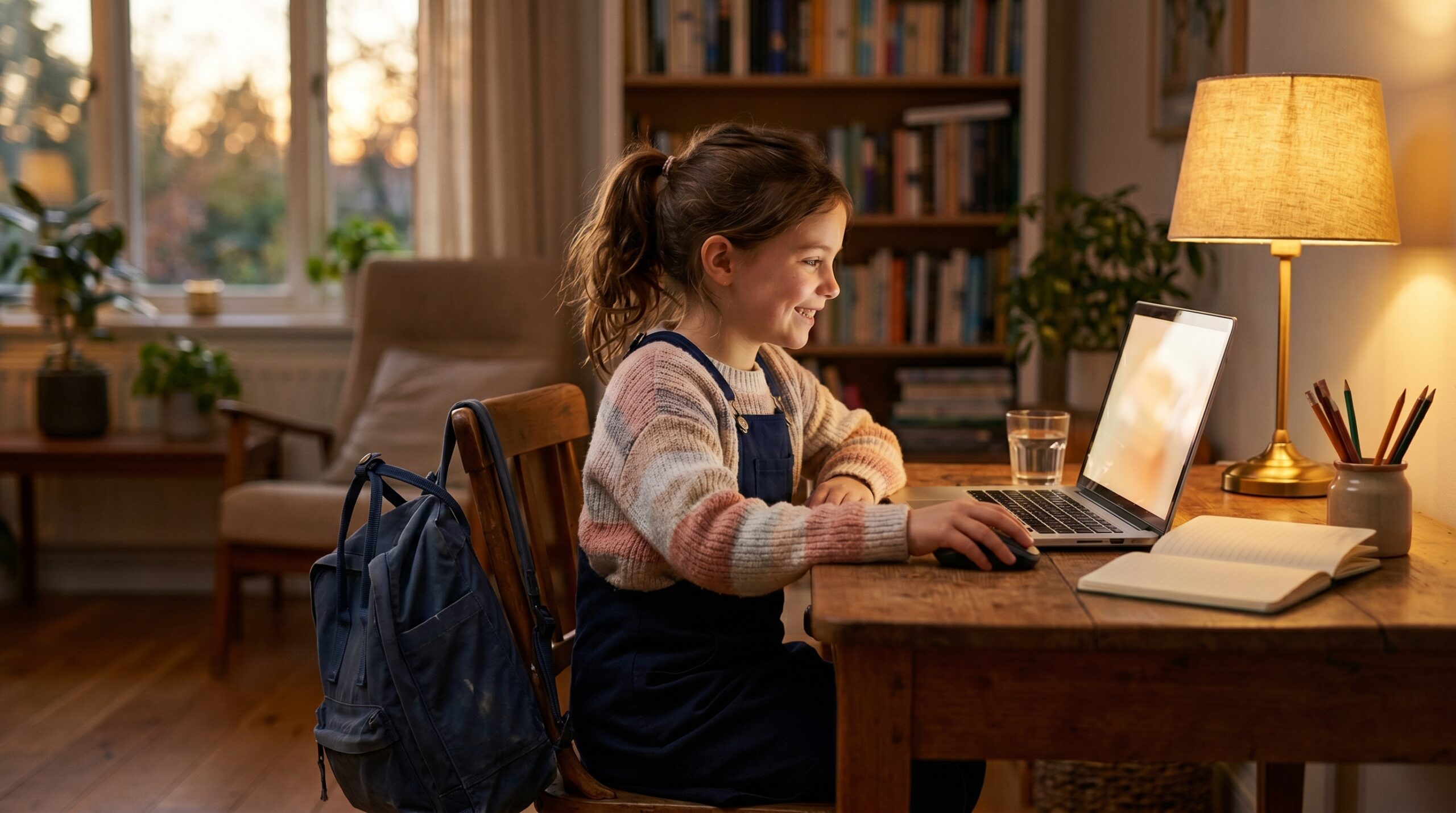 A child who just got home from school, starting an online Japanese lesson at a warm lamp-lit desk in the evening