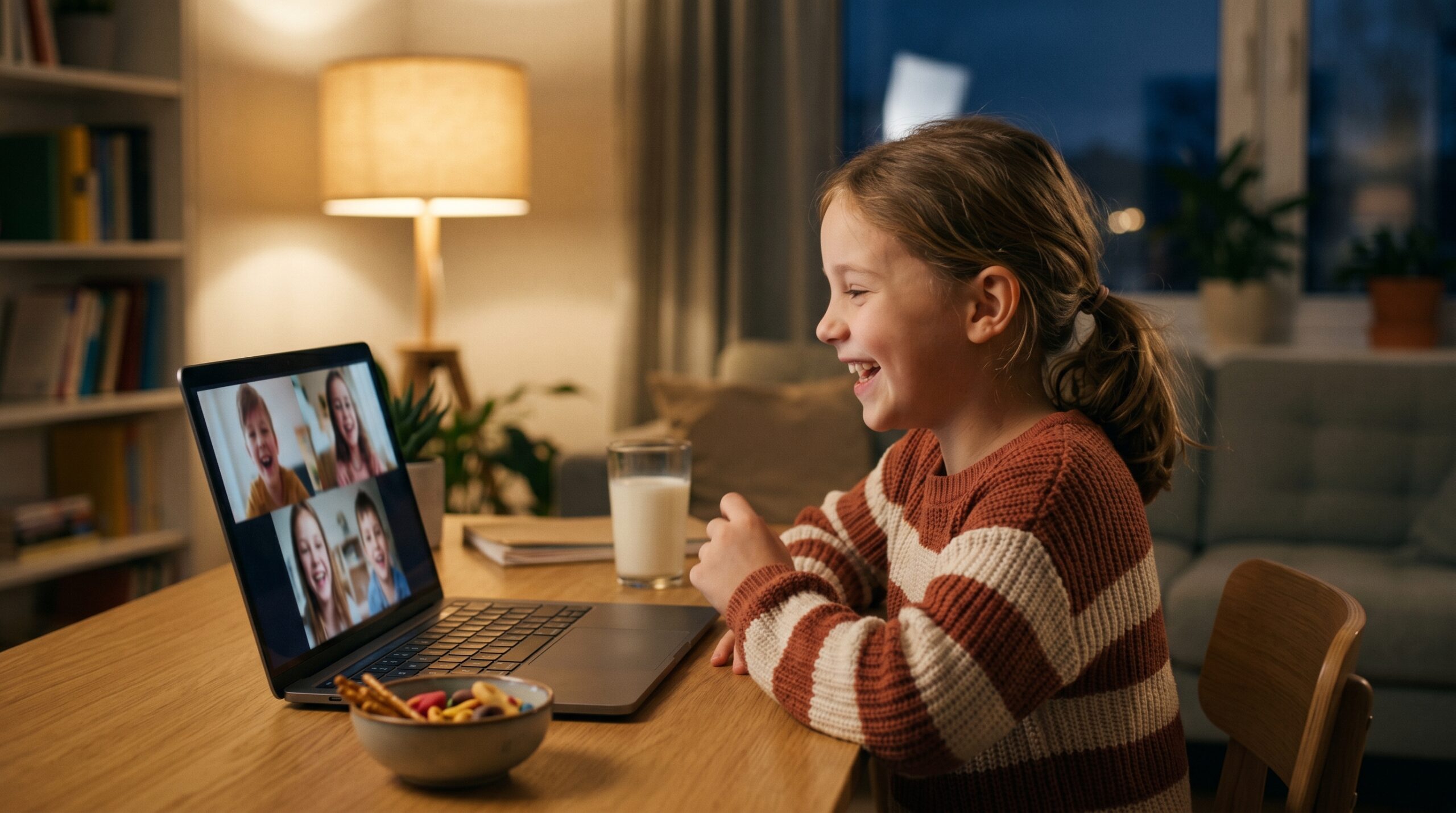 A child laughing during a relaxed evening online group lesson — an after-school hangout that happens to be in Japanese