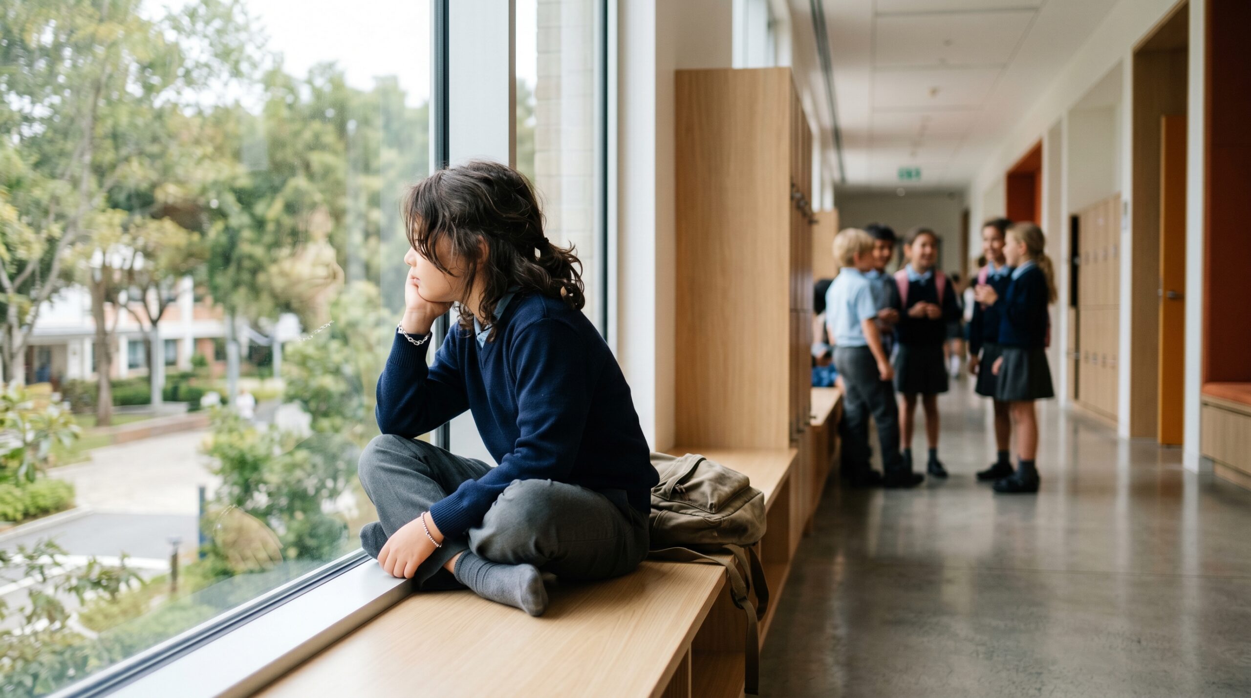 An international school child sitting alone by a window while other children chat together in the hallway