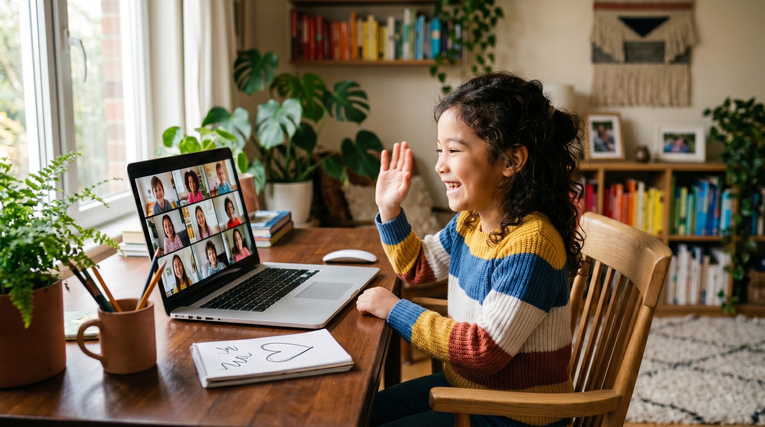 A cheerful child joining an online Japanese lesson and waving at classmates on the laptop screen