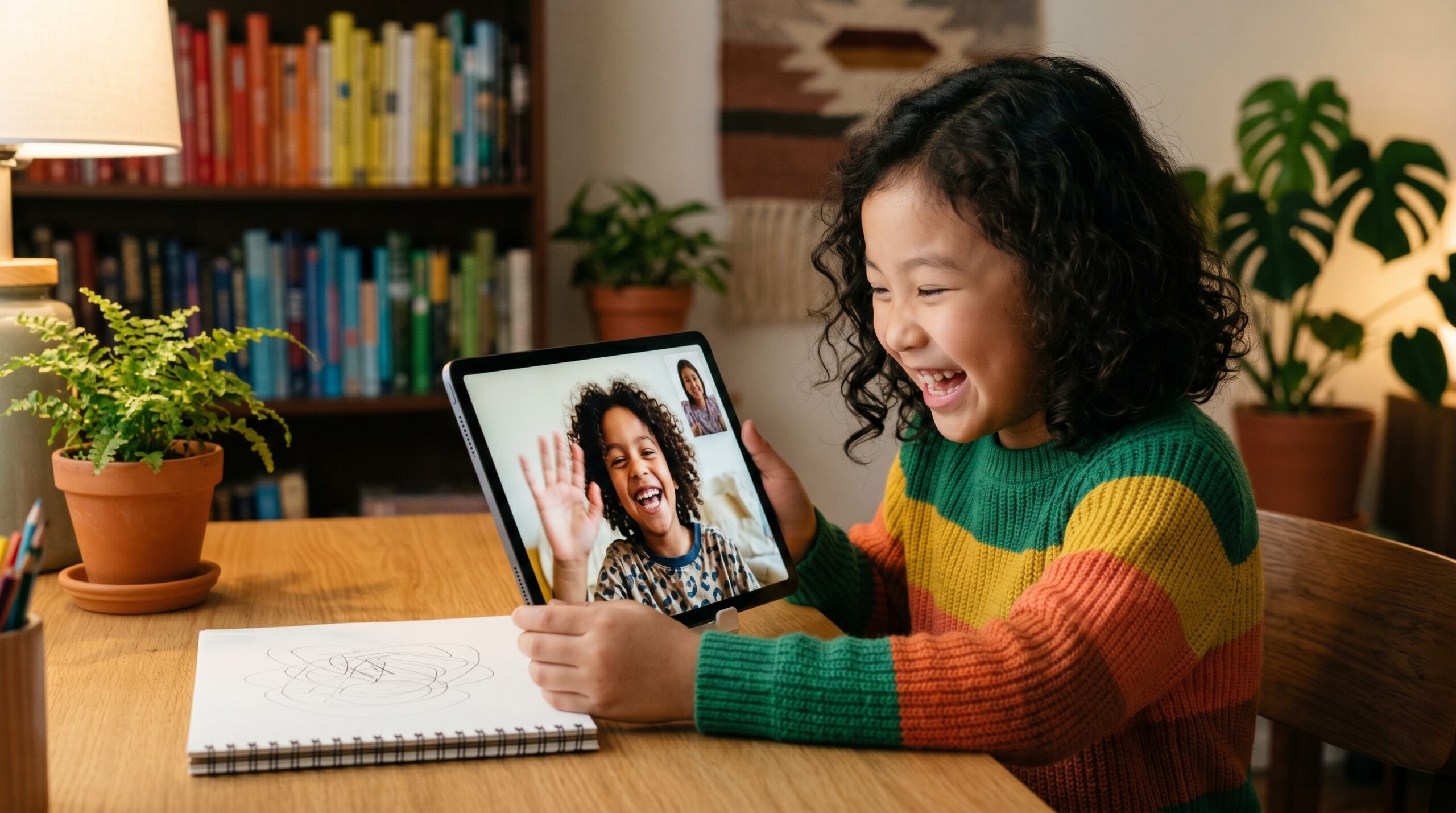 Two children laughing together and becoming friends through a video call