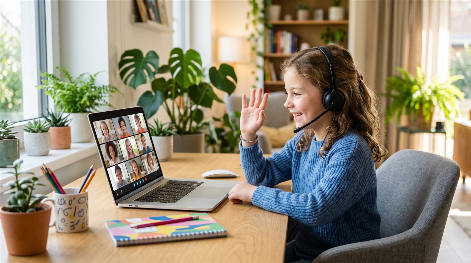 A child smiling and speaking Japanese with same-age friends in an online group lesson
