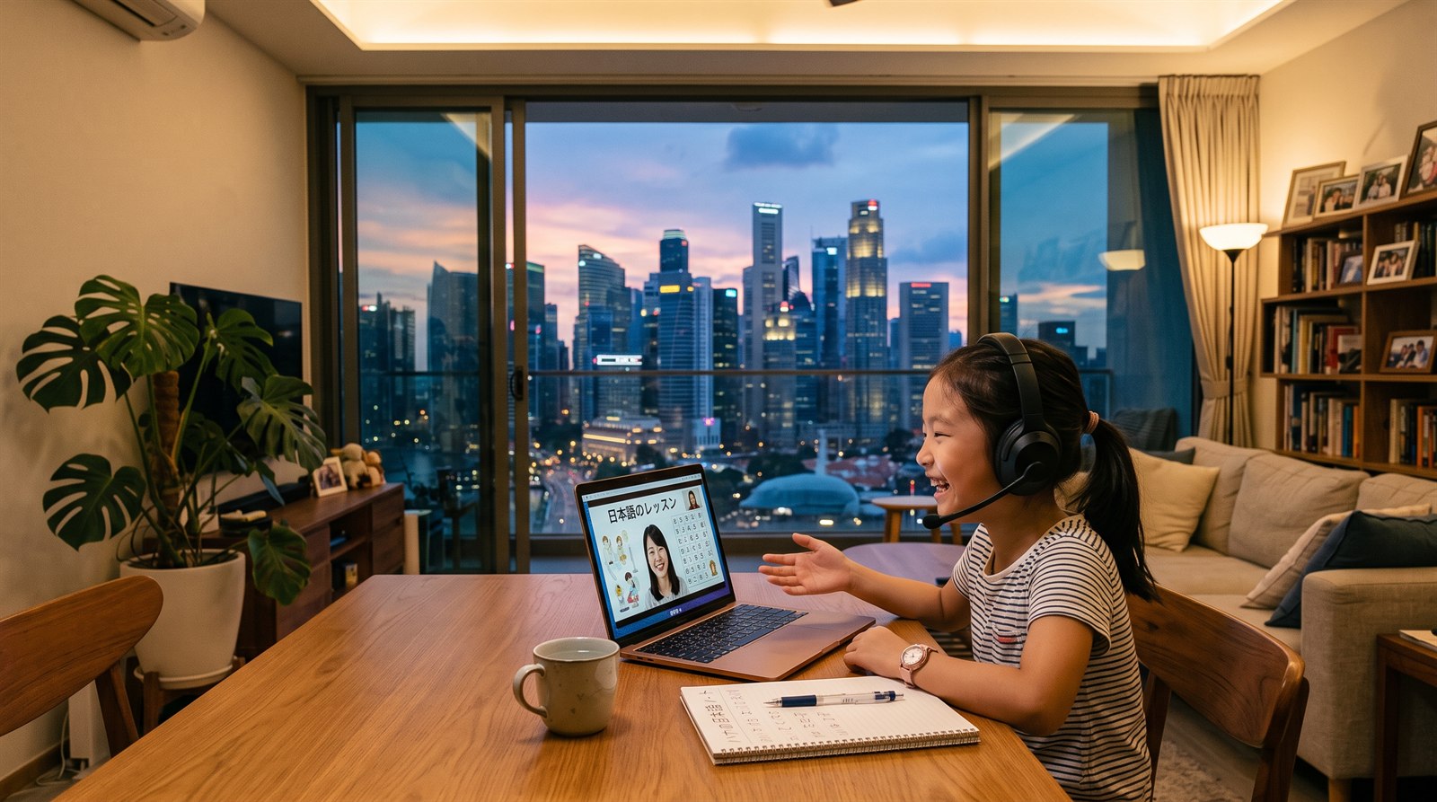 A child in Singapore joining an online Japanese lesson from home after school