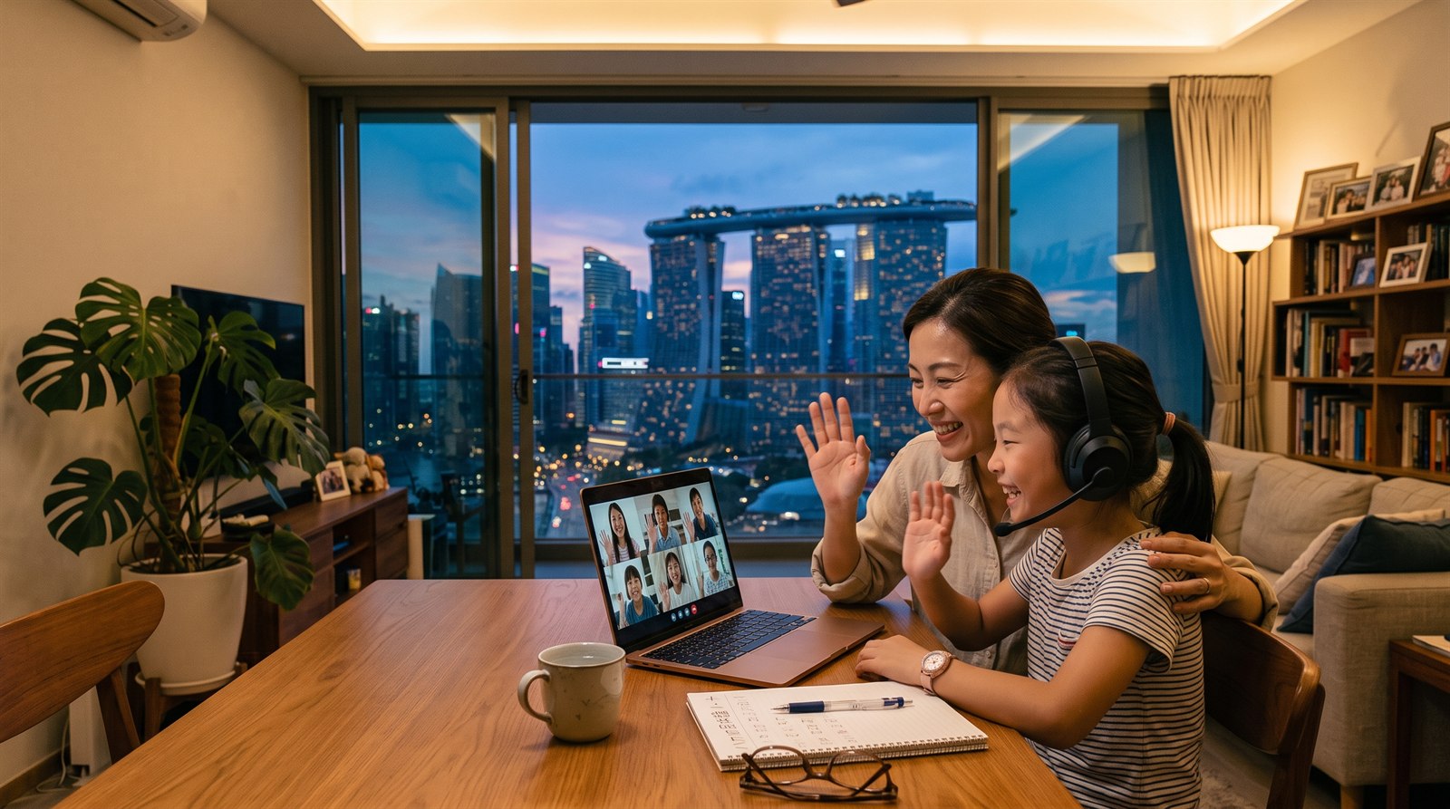 A child in Singapore smiling and talking with friends in Japan on screen