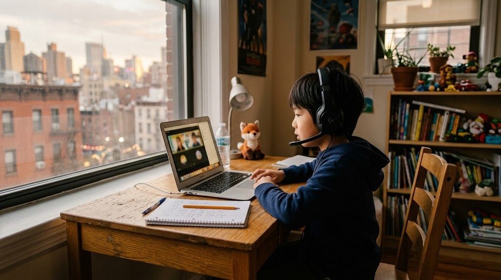 ニューヨークの自宅の部屋で、平日の夕方にヘッドセットを着けてオンライン日本語グループ授業に参加する小学生