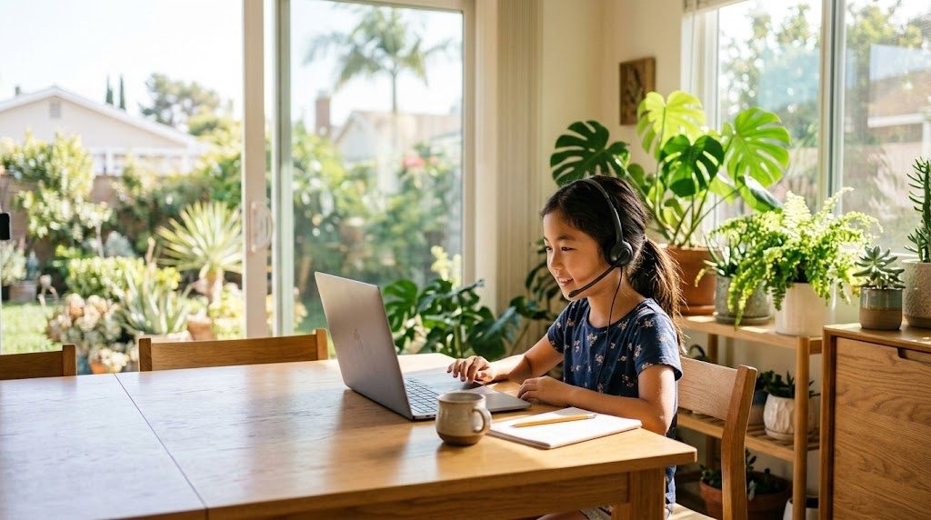 ロサンゼルスの自宅の部屋で、平日の夕方にヘッドセットを着けてオンライン日本語グループ授業に参加する小学生