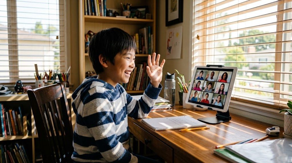 自宅でオンライン授業の画面に映る同世代の友達に手を振って笑う、ロサンゼルス在住の子ども