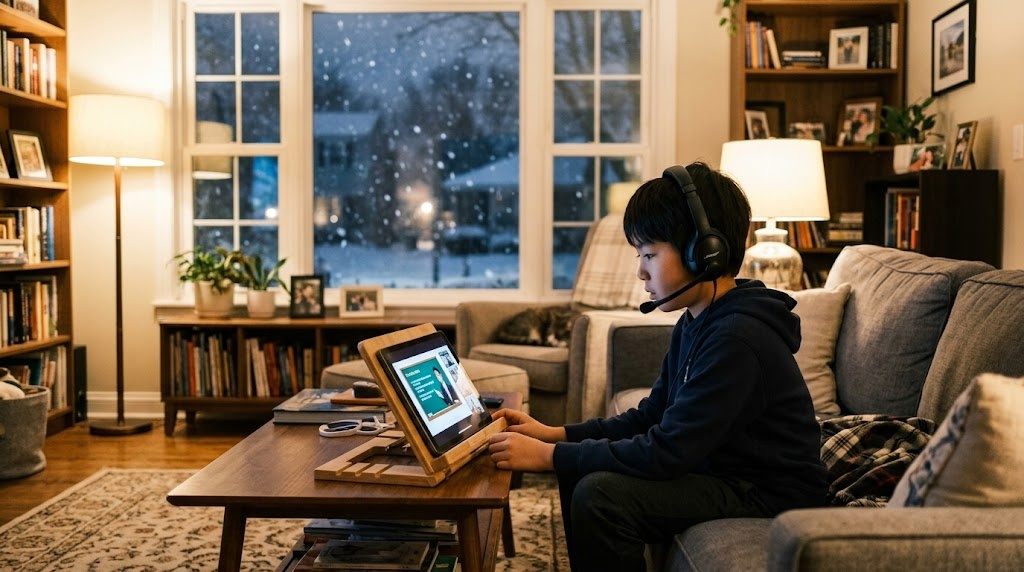 シカゴの自宅の部屋で、平日の夕方にヘッドセットを着けてオンライン日本語グループ授業に参加する小学生