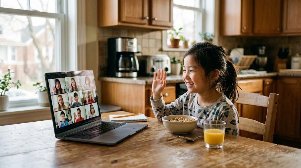 自宅でオンライン授業の画面に映る同世代の友達に手を振って笑う、シカゴ在住の子ども