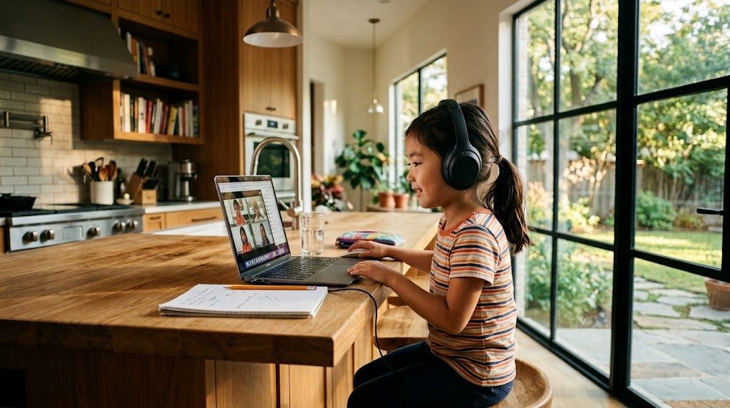 ヒューストンの自宅の部屋で、平日の夕方にヘッドセットを着けてオンライン日本語グループ授業に参加する小学生