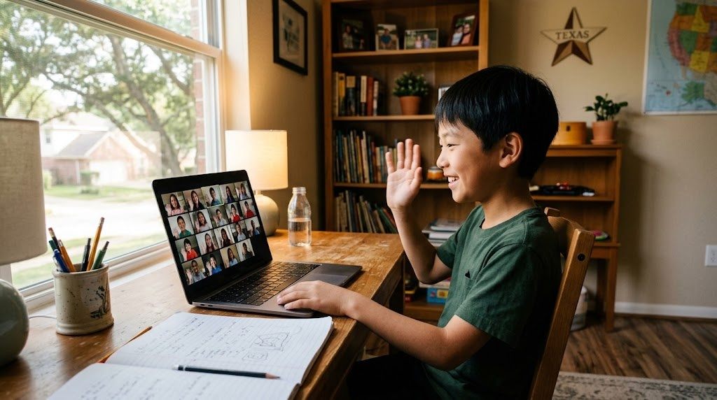 自宅でオンライン授業の画面に映る同世代の友達に手を振って笑う、ヒューストン在住の子ども