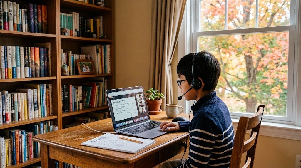 ボストン近郊の自宅の部屋で、平日の夕方にヘッドセットを着けてオンライン日本語グループ授業に参加する小学生