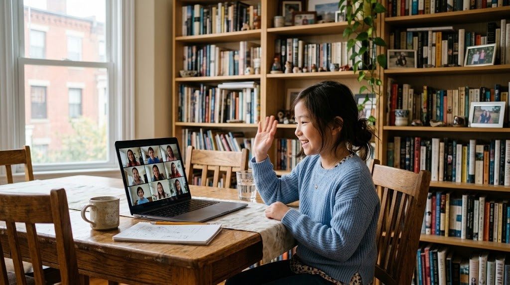 自宅でオンライン授業の画面に映る同世代の友達に手を振って笑う、ボストン在住の子ども