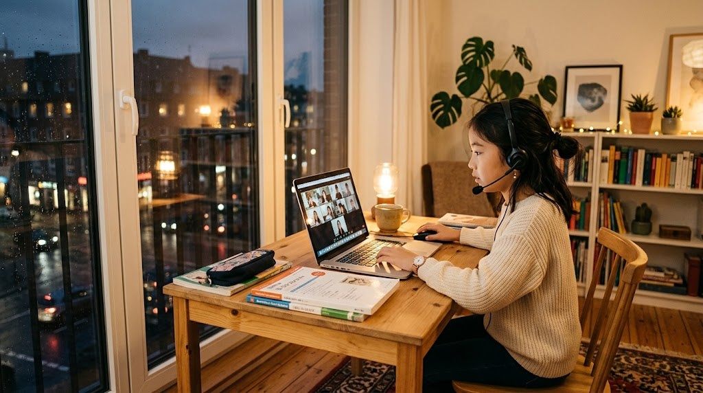 デュッセルドルフの自宅の部屋で、平日の夕方にヘッドセットを着けてオンライン日本語グループ授業に参加する小学生