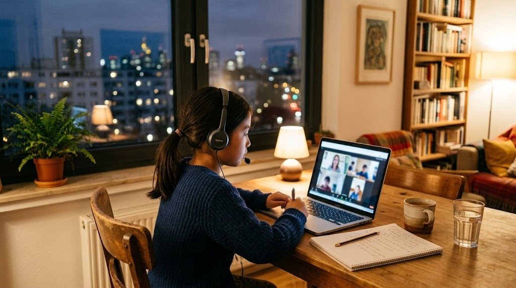 フランクフルトの自宅の部屋で、平日の夕方にヘッドセットを着けてオンライン日本語グループ授業に参加する小学生