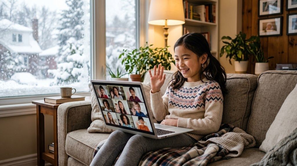 自宅でオンライン授業の画面に映る同世代の友達に手を振って笑う、トロント在住の子ども