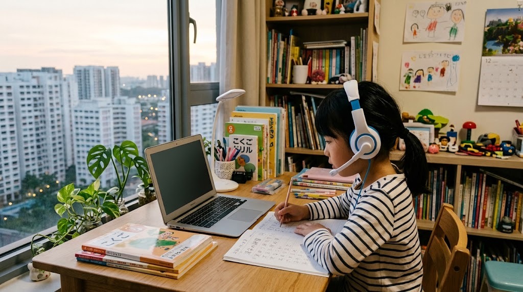 シンガポールの自宅の部屋で、平日の夕方にヘッドセットを着けてオンライン日本語グループ授業に参加する小学生