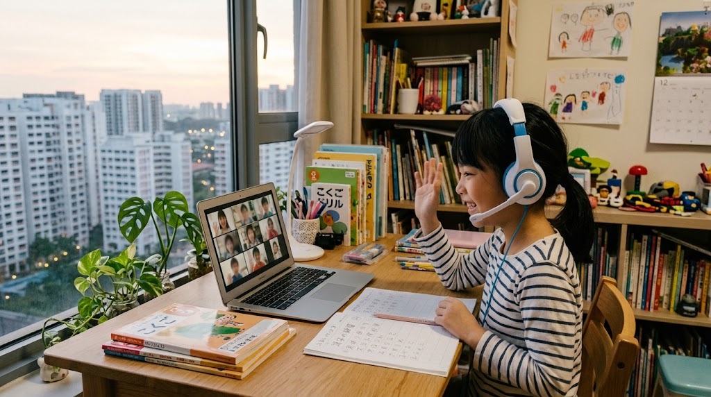 自宅でオンライン授業の画面に映る同世代の友達に手を振って笑う、シンガポール在住の子ども