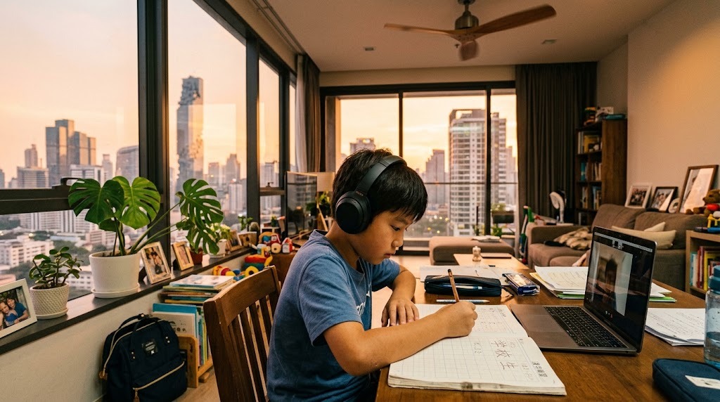 バンコクの自宅の部屋で、平日の夕方にヘッドセットを着けてオンライン日本語グループ授業に参加する小学生