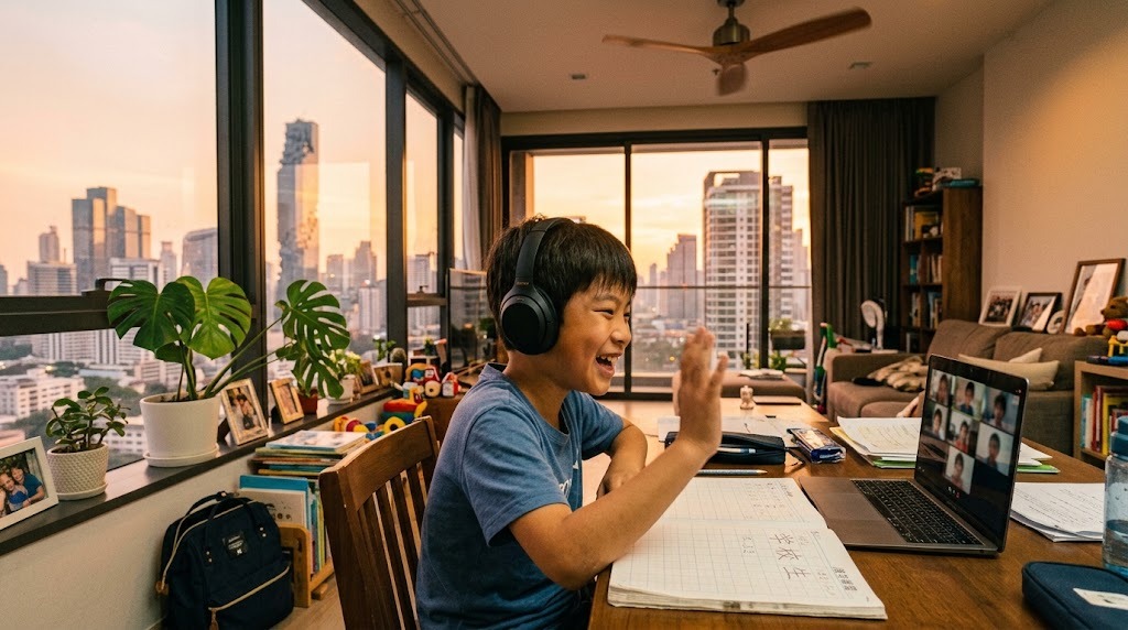 自宅でオンライン授業の画面に映る同世代の友達に手を振って笑う、バンコク在住の子ども