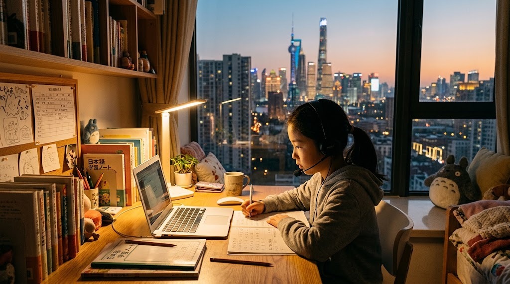 上海の自宅の部屋で、平日の夕方にヘッドセットを着けてオンライン日本語グループ授業に参加する小学生