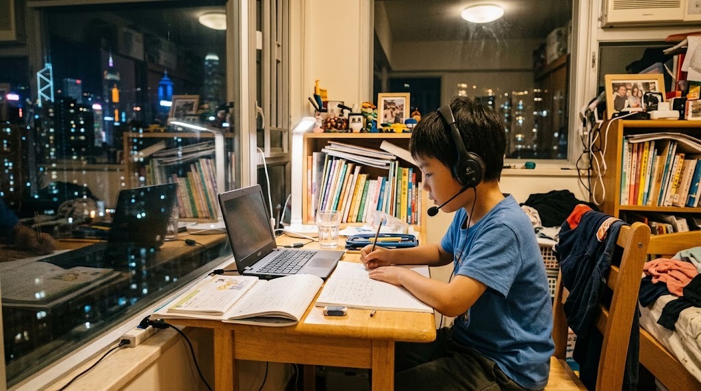 香港の自宅の部屋で、平日の夕方にヘッドセットを着けてオンライン日本語グループ授業に参加する小学生