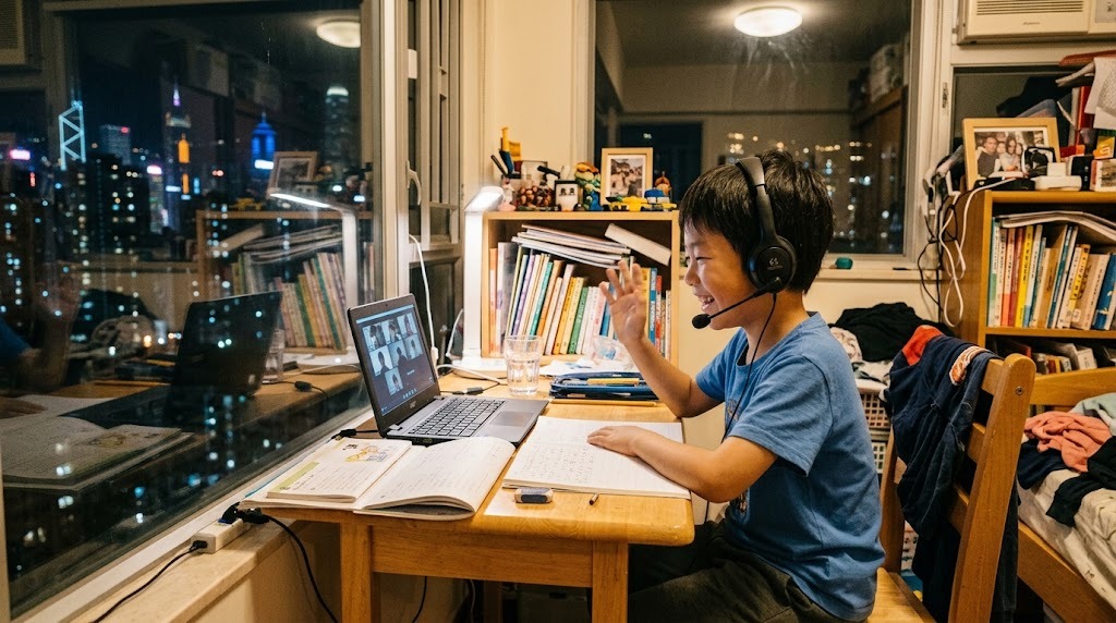 自宅でオンライン授業の画面に映る同世代の友達に手を振って笑う、香港在住の子ども