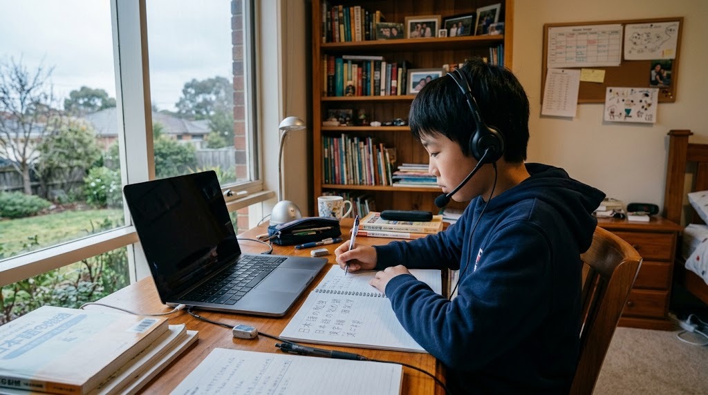 メルボルンの自宅の部屋で、平日の夕方にヘッドセットを着けてオンライン日本語グループ授業に参加する小学生