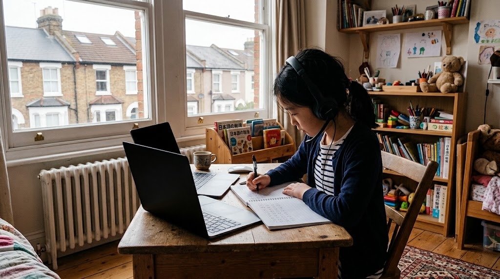 ロンドンの自宅の部屋で、平日の夕方にヘッドセットを着けてオンライン日本語グループ授業に参加する小学生