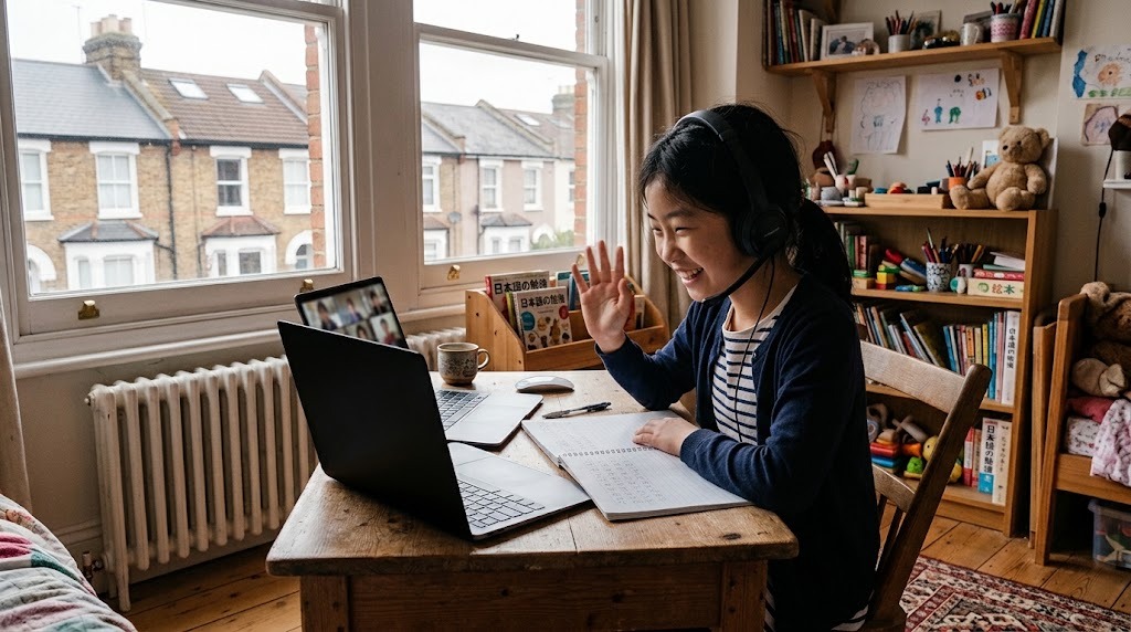 自宅でオンライン授業の画面に映る同世代の友達に手を振って笑う、ロンドン在住の子ども
