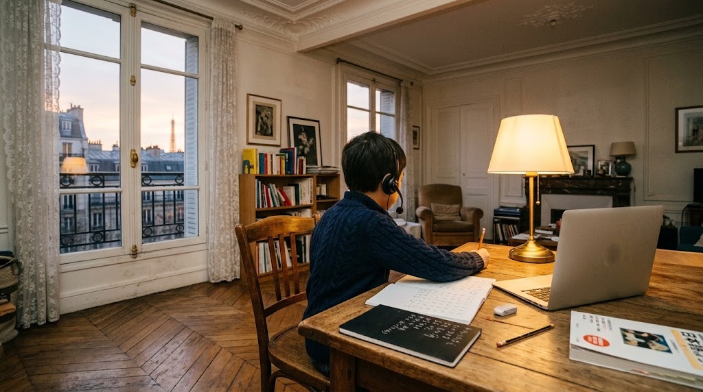 パリの自宅の部屋で、平日の夕方にヘッドセットを着けてオンライン日本語グループ授業に参加する小学生