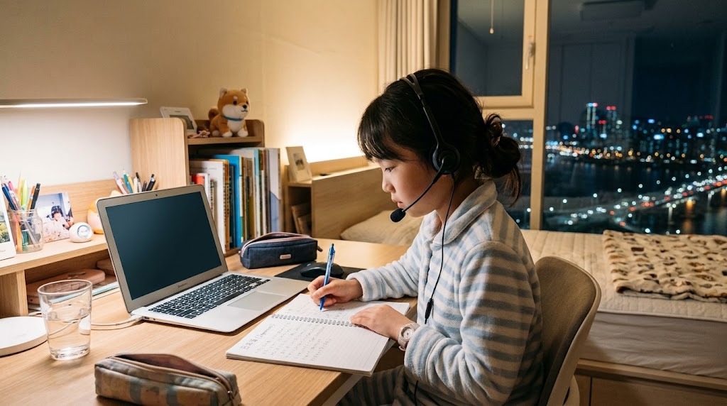 ソウルの自宅の部屋で、平日の夕方にヘッドセットを着けてオンライン日本語グループ授業に参加する小学生