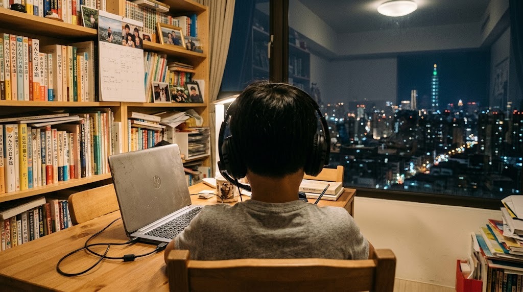 台北の自宅の部屋で、平日の夕方にヘッドセットを着けてオンライン日本語グループ授業に参加する小学生